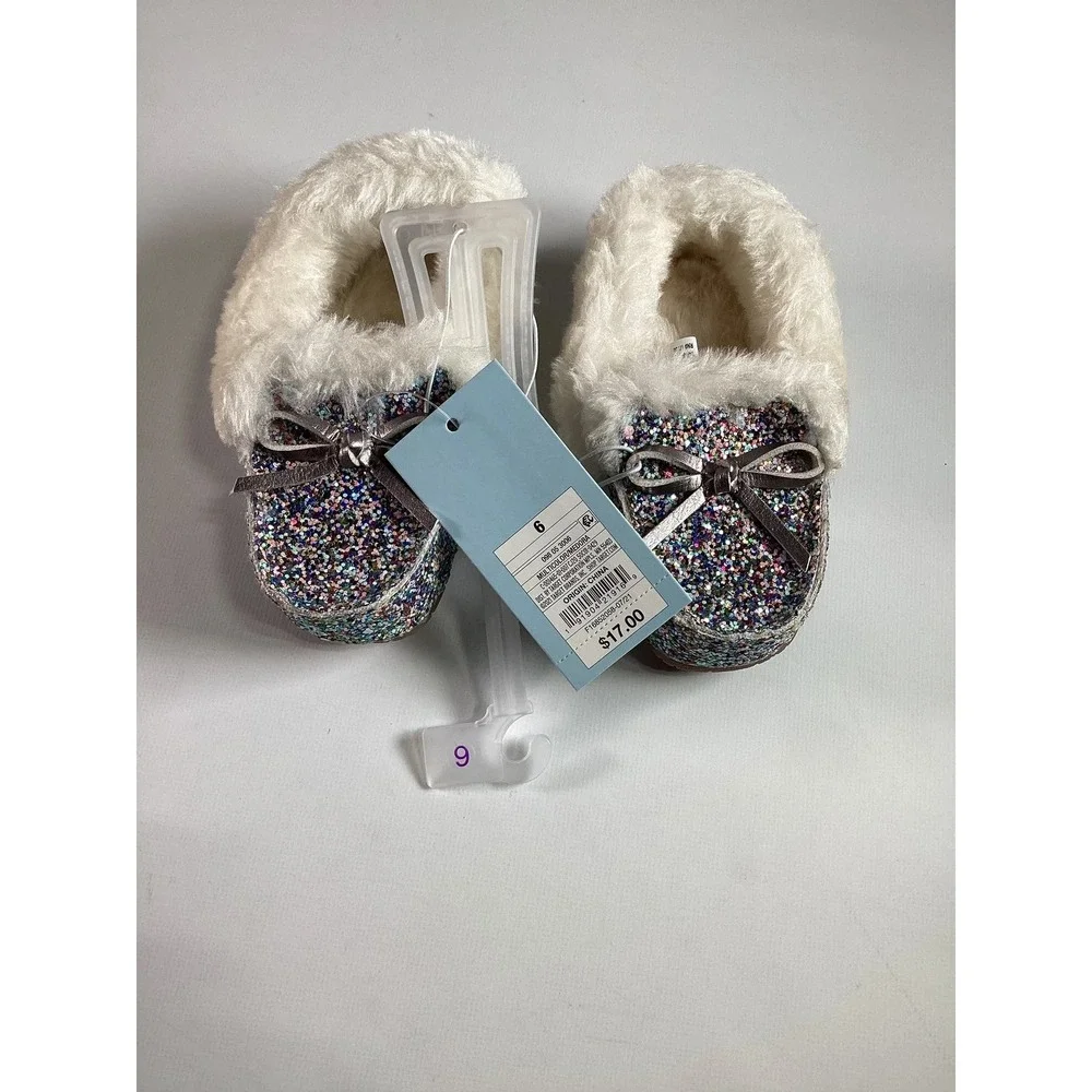 Girls Glitter Bow Slippers Plush Warm Cozy‎ Size 3